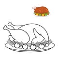 Roast turkey for Thanksgiving coloring book. fowl on plate in li Royalty Free Stock Photo