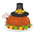 Roast turkey for Thanksgiving and pilgrim hat. fowl on plate. fr Royalty Free Stock Photo