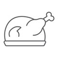 Roast turkey thin line icon, meat and food, chicken sign, vector graphics, a linear pattern on a white background.