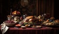 Roast turkey, vegetables, fruits homemade gourmet celebration generated by AI