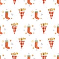 Roasted almond nuts in gingham paper bags vector seamless pattern background. Golden confectionery, festive stockings