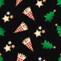 Roasted almond nuts in gingham paper bags vector seamless pattern background. Golden confectionery, festive trees, stars Royalty Free Stock Photo
