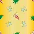 Roasted almond nuts in gingham paper bags vector seamless pattern background. Golden confectionery, festive trees, stars Royalty Free Stock Photo