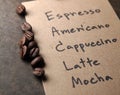 Roasted arabica coffee beans on paper texture with text background Royalty Free Stock Photo