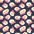 Roasted bacon slices and fried eggs seamless pattern. Food background for any purposes. Hand drawn Royalty Free Stock Photo