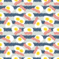 Roasted bacon slices and fried eggs on striped background seamless pattern. Simple design for tee, fabric, stationery. Hand drawn Royalty Free Stock Photo