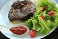 Roasted beef with greens, red sauce and pita on white plate Royalty Free Stock Photo