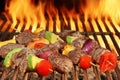 Roasted Beef Kebabs With Vegetables On BBQ Flaming Grill Royalty Free Stock Photo