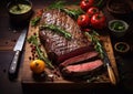 Roasted beef with slices and tomatoes with rosemary and pepper on wooden board with steak knife.Macro.AI Generative