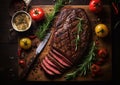 Roasted beef with slices and tomatoes with rosemary and pepper on wooden board with steak knife.Macro.AI Generative