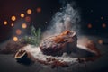 Roasted beef steak with spices on a dark background. Selective focus. Roasting beef. Delicious dish. ?dvertising background. Royalty Free Stock Photo