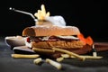 Roasted Beef Sub Sandwich with french fries bucket served on wooden board isolated on dark background side view of breakfast food Royalty Free Stock Photo