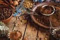 Roasted black and green coffee beans and ground coffee in the plate Royalty Free Stock Photo