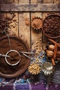 Roasted black and green coffee beans and ground coffee in the plate Royalty Free Stock Photo