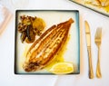 Roasted black sole fish with stewed vegetables and lemon Royalty Free Stock Photo