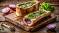 Roasted bone marrow with herb garnish on rustic wooden board. Generative AI Royalty Free Stock Photo