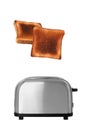 Roasted bread popping up of toaster on white background