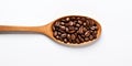 Roasted Brown Coffee Seeds In Wooden Spoon On White Background. Morning Energy Natural Drink. AI generated
