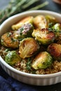 Roasted brussels sprouts on quinoa garnished with fresh thyme Royalty Free Stock Photo