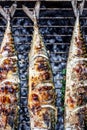 Roasted carcass fish mackerel cooked on the grill, top view, close-up