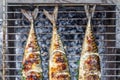 Roasted carcass fish mackerel cooked on the grill, top view, close-up