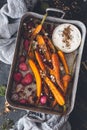 Roasted Carrots, Roasted Radishes with Dukkah Spices and Feta Cheese Sauce Royalty Free Stock Photo