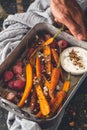 Roasted Carrots, Roasted Radishes with Dukkah Spices and Feta Cheese Sauce