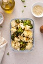 Roasted cauliflower and broccoli in a meal prep container, healthy vegetable side dish Royalty Free Stock Photo