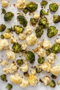 Roasted cauliflower and broccoli on a sheet pan, healthy vegetable side dish Royalty Free Stock Photo