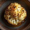 Roasted Cauliflower Floret on a Rustic Brown Plate with Herbs Royalty Free Stock Photo