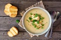 Roasted cauliflower and potato and soup, top view table scene over rustic wood Royalty Free Stock Photo