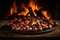 Roasted Chestnuts Arranged On An Old Wooden Board. Generative AI