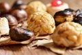 Roasted chestnuts and panellets, typical snack in All Saints Day Royalty Free Stock Photo