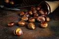 Roasted chestnuts in paper bag on grunge rusty surface. Dark low key photo. Street food concept. Selective focus, blurred Royalty Free Stock Photo