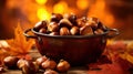 Roasted chestnuts in a rustic bowl with open flames, creating a warm and cozy autumn atmosphere seasonal snack perfection