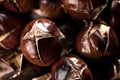 Roasted chestnuts served in a special perforated chestnut pan on an old wooden table. Royalty Free Stock Photo