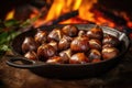 Roasted Chestnuts Served In Traditional Chestnut Pan. Generative AI