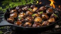 Roasted chestnuts with sugar and spice salt presented in a grill pan. Typical autumn dish. Taste chestnuts roasted