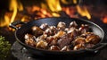Roasted chestnuts with sugar and spice salt presented in a grill pan. Typical autumn dish. Taste chestnuts roasted