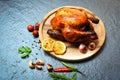 Roasted chicken / baked whole chicken grilled with herbs and spices on wooden plate and dark Royalty Free Stock Photo