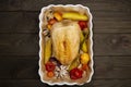 Roasted chicken breast with backed vegetables in a dish Royalty Free Stock Photo