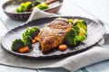 Roasted chicken breast with broccoli carrot and sesame Royalty Free Stock Photo
