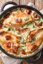 Roasted chicken breast in a creamy sauce with sun-dried tomatoes and spinach close-up in a pan. Vertical top view Royalty Free Stock Photo