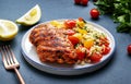 Roasted chicken breast with tabbouleh salad with bulgur, tomatoes and parsley with oil lemon dressing, green table background, top