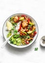 Roasted chicken breast, vegetables and rice bowl - delicious diet balanced lunch on a light background Royalty Free Stock Photo