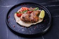 Roasted Chicken on Flatbread With Tomato Salad, Lime Wedge Royalty Free Stock Photo
