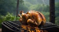 Grilled Whole Chicken with Crispy Skin Over Open Fire in the Woods Outdoor Royalty Free Stock Photo