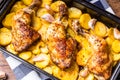 Roasted chicken leg with potatoes with caraway and garlic Royalty Free Stock Photo