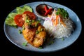 Roasted chicken leg in Vietnamese style with rice, vegetables and sauce isolated on black background side view Royalty Free Stock Photo