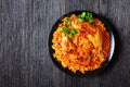 Roasted chicken legs with tomato rice, copy space